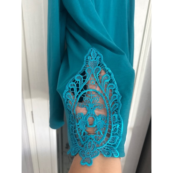 Jou Jou Womens Top 1X Turquoise Cold Shoulder Lace Trim Long Sleeve Blouse QVC - Picture 5 of 7
